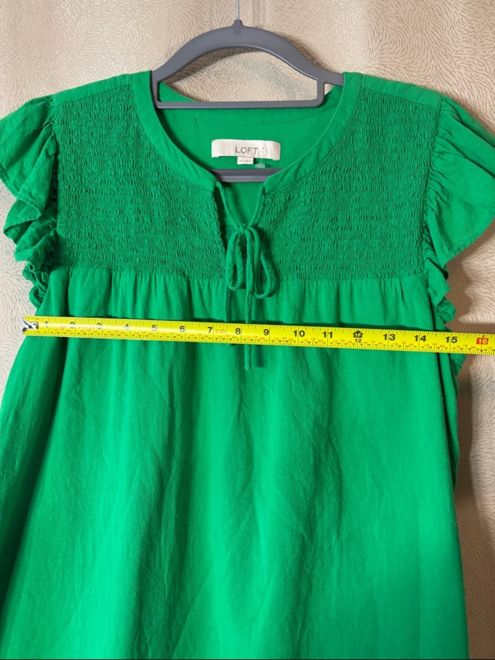 LOFT Green Smocked Yoke Tie-Front Flutter Sleeve Top 0247 - Picture 3 of 9